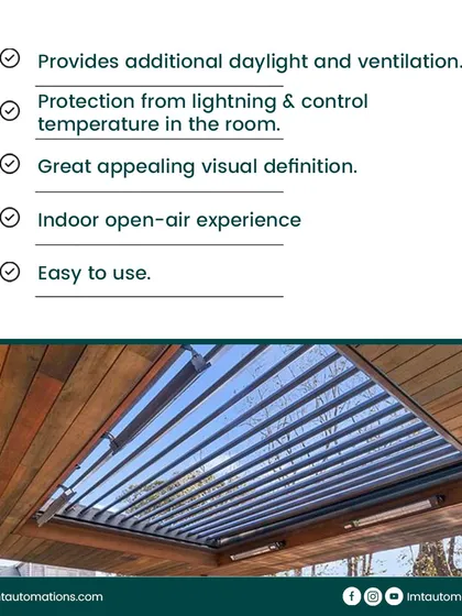 This graphic details the key benefits of our automated roofs. They provide daylight and ventilation, protect from the elements, control temperature, and offer an indoor-outdoor experience with easy-to-use controls.