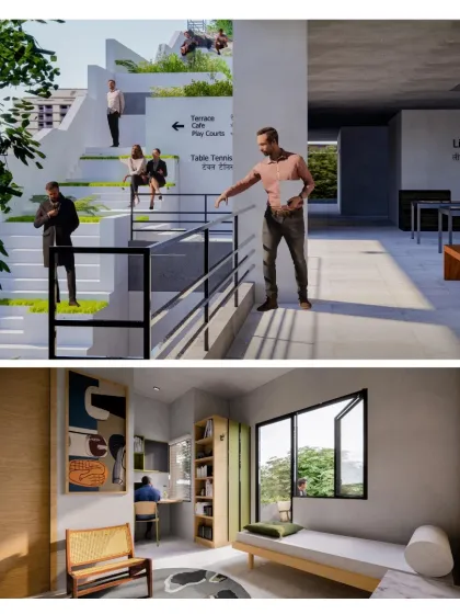 Interior and exterior concepts for Urban Nest. The design includes amphitheater-style steps with integrated greenery for social gathering, alongside minimalist and functional student rooms that offer a calm and focused environment.