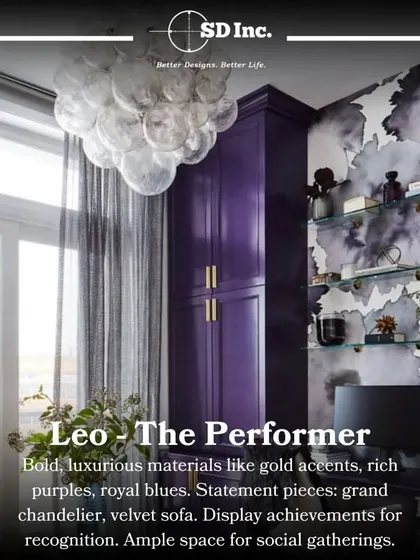 A design tailored for the Leo zodiac sign. This bold and luxurious style uses rich purples, gold accents, and statement pieces like a grand chandelier to match the performer personality of a Leo.