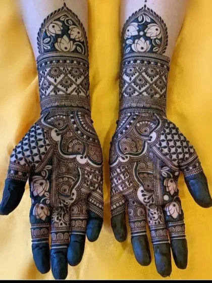 A stunning design with lotus motifs and a dark, rich stain.