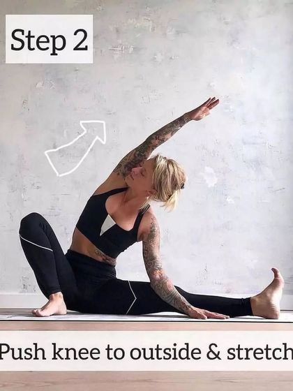 The second step in our side stretch tutorial is to gently push the bent knee outward. This action helps to open the hip while you deepen the stretch along the side of your torso.