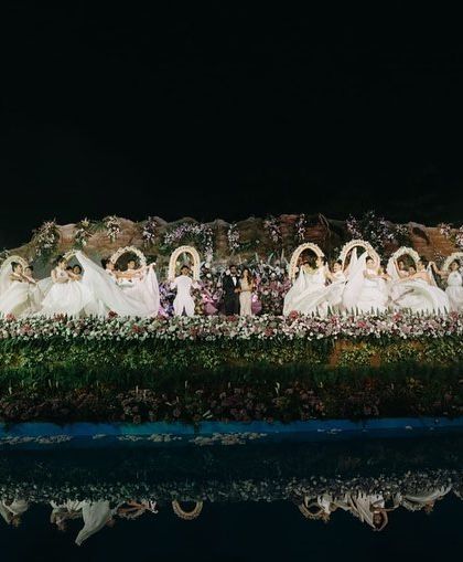 A performance on the massive reception stage we built. The stage was designed with multiple levels, a water body, and a mountain backdrop to create a truly mesmerizing experience for both performers and guests.