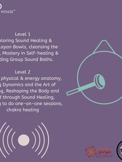 This graphic details the Level 1 and Level 2 curriculum for our Sound Healing certificate course, covering everything from self healing and group sound baths to human energy anatomy and one on one sessions.