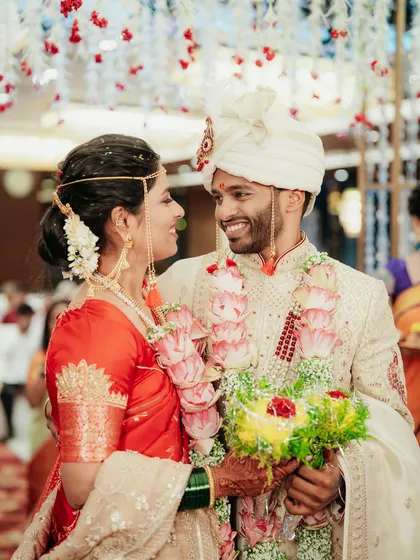 The happy couple sharing a look of love after their wedding rituals.