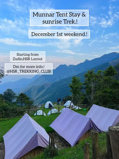 An announcement for the Munnar tent stay and sunrise trek, showing the beautiful campsite location.