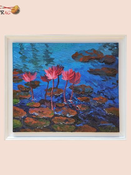 A small, framed painting of pink lotuses by Shraddha More, a perfect example of her ability to capture nature's beauty with texture.
