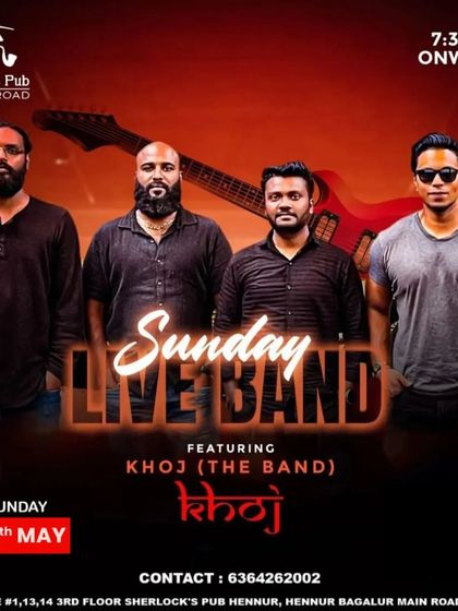 A poster for a Sunday live band performance featuring KHOJ The Band. I love bringing high-energy bands to rock the weekend.