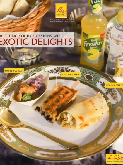 Uplifting your occasions with exotic delights from around the world. This plate features a creative assortment including a Purple Rice Boat, a savoury Chicken Waffle, and an Istanbul Crepe.