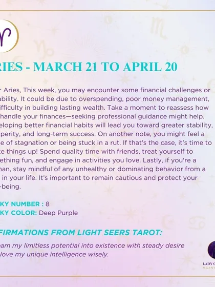 A weekly tarot forecast for Aries. The reading points to potential financial challenges and a sense of stagnation, advising a reassessment of your habits.
