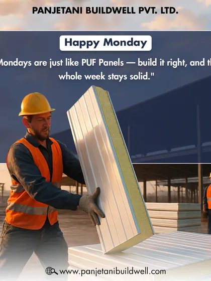 A construction worker carrying a lightweight PUF panel. We believe that building it right from the start ensures the whole project stays solid, much like a well-built week.