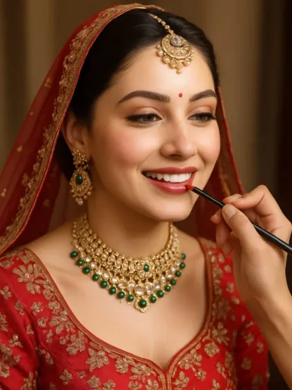 The final touch for a perfect bridal look. We are carefully applying a shade of red lipstick that complements her skin tone and the intricate details of her green and gold bridal jewellery.