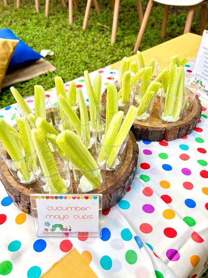 Healthy and fun. These refreshing cucumber mayo cups were a big hit at a garden party, presented with a cute themed label.