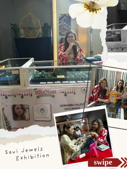 This collage captures the vibrant atmosphere at our Savi Jewels exhibition stall during the Bizznest Winter Wonderland event. It shows me behind the counter, ready to chat with visitors, and moments of genuine connection with clients as they explore the collections.