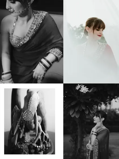 A collage of artistic shots from a wedding in Jammu. It combines black and white portraits, detail shots of jewelry, and soft, veiled images to create a moody and beautiful narrative.