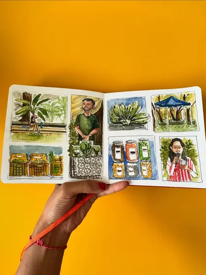 A sketchbook spread from a farmers market at Dilkhush school. I used a grid format to capture various scenes in watercolour, from vendors and produce to people enjoying the day.