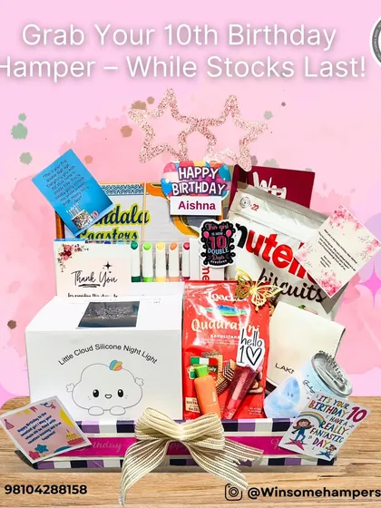 Grab this 10th birthday hamper while stocks last! It's a treasure trove of goodies for a pre-teen, including a silicone night light, art supplies, Nutella biscuits, and personalized cards.