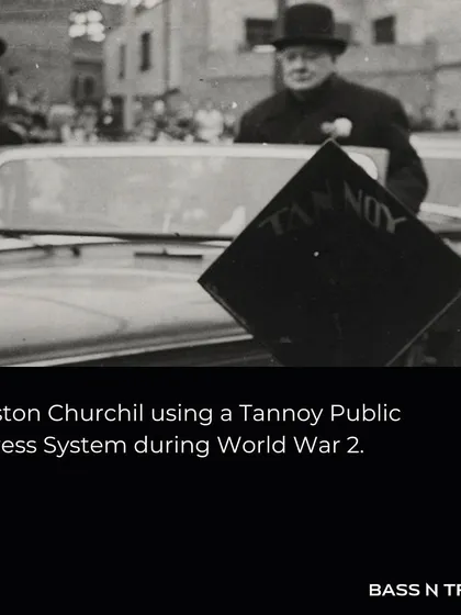 A historic photo of Winston Churchill using a Tannoy Public Address System during World War II. For nearly a century, Tannoy has been a leader in audio quality and speaker design, trusted in the most critical applications.