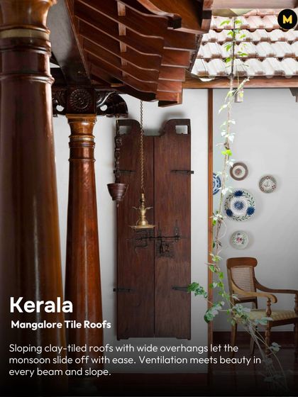 The sloping Mangalore tile roofs of Kerala are designed to let the monsoon slide off with ease. This image showcases how function meets beauty, with intricate woodwork and a classic door creating a truly authentic entrance.