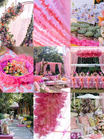A collage of the vibrant pink and yellow decor from a Haldi and Mehendi ceremony in Jim Corbett.