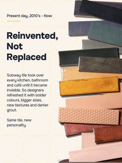 By the 2010s, the subway tile was so common it became almost invisible. So, designers reinvented it with bolder colors, new textures, bigger sizes, and darker grout. Same tile, new personality.