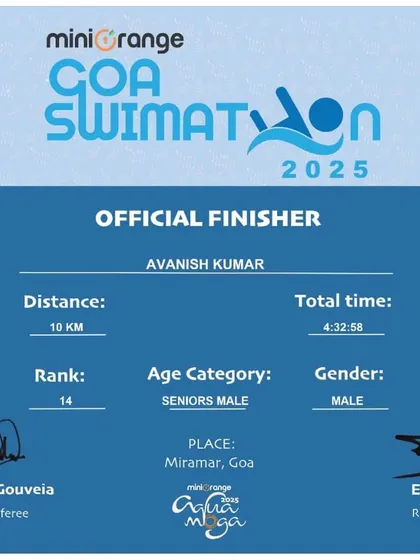 Another result from the Goa Swimathon, this time for the 10km distance. We train swimmers for endurance events that test their limits.