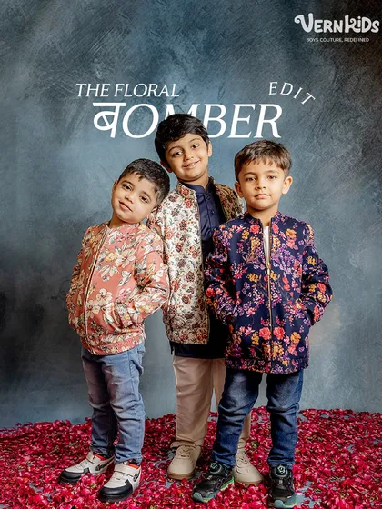 Our floral bomber jackets are all about versatile style and fun. This shot captures three of our little clients showing off different prints from the Jashn Collection, perfect for coordinating sibling looks or letting individual personalities shine.