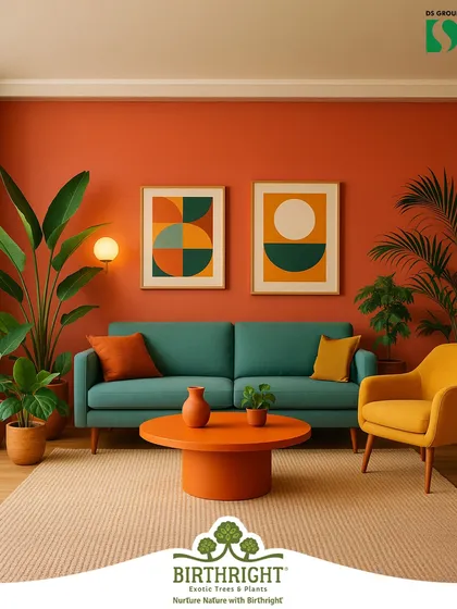 Plants are a critical element of interior design. I consult on choosing the right foliage to complement your color palette and decor, creating a cohesive and vibrant living space that feels truly alive, just like this room with its warm, earthy tones.