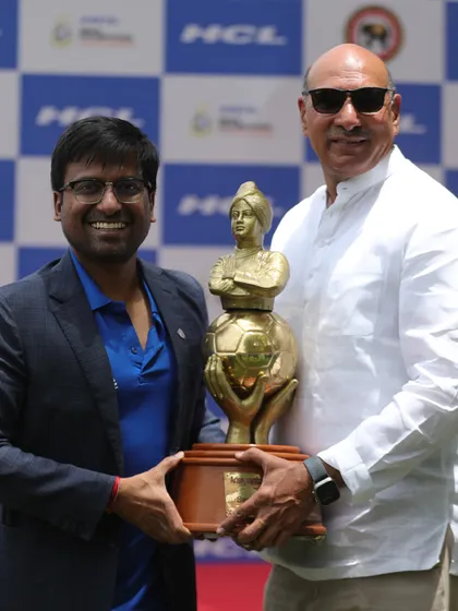 Our President, Anuj Gupta, with Shri Surya Prakash Khatri, holding the Swami Vivekananda U20 National Championship trophy. A proud moment for Delhi football.