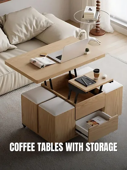This coffee table is the ultimate multi-tasker. It features hidden storage, pop-out stools, and a lift-top that transforms it into a work desk or dining surface.