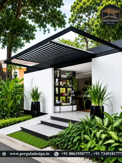 Minimalist design with maximum impact. This pergola serves as a stylish entrance feature, framed by lush greenery. The clean lines of the black steel structure complement the modern architecture of the home.