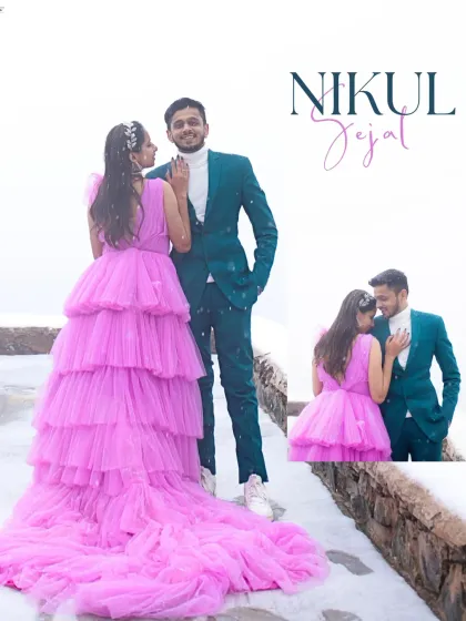 A pop of color against the serene snow of Kashmir. For Nikul and Sejal's pre-wedding shoot, we played with contrast to create this unforgettable, fairytale-like image. It showcases our ability to craft unique destination shoots.