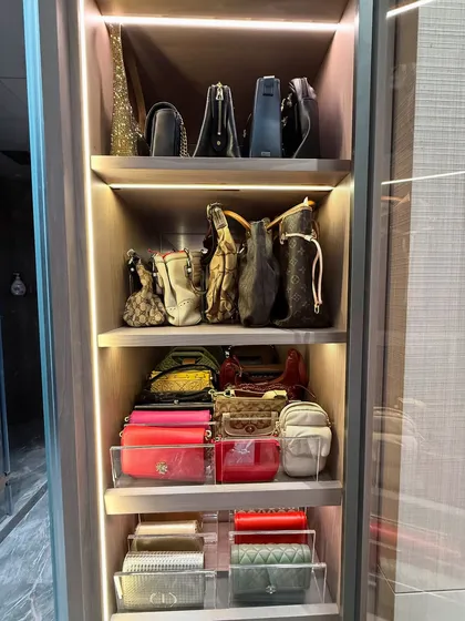 A tall cabinet dedicated to handbags, organized by size and style. Clear organizers on the bottom shelves are perfect for wallets and smaller items.