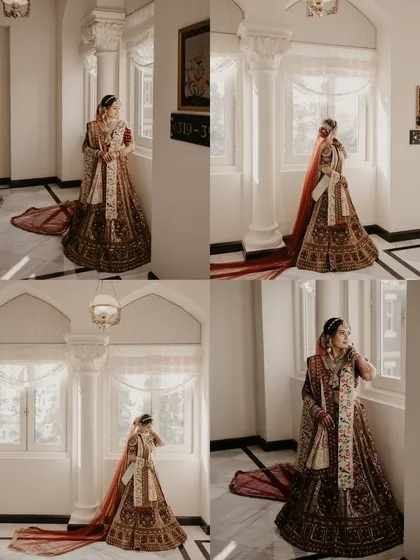 A collage of the bride in her magnificent lehenga, captured in the soft, natural light of the palace corridors. This showcases our approach to bridal portraiture.