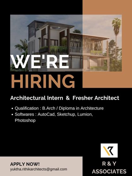 An opportunity for a fresher or intern architect at R&Y Associates in Bangalore, requiring skills in AutoCAD, Sketchup, Lumion, and Photoshop.