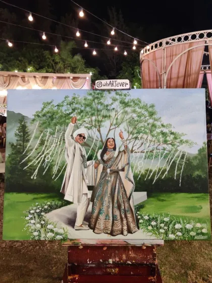 We had the absolute honour of doing a live wedding painting for Prajakta Koli and Vrishank Khanal. Capturing their joy against the beautiful outdoor decor was a dream come true for us.