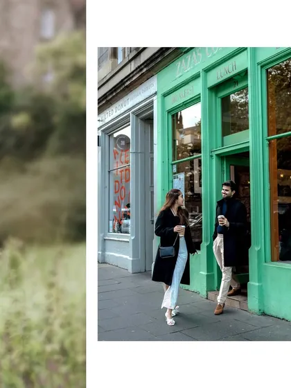 A candid moment of the couple leaving a colorful cafe in Edinburgh. This lifestyle shot adds an authentic, slice-of-life feel to their pre-wedding collection.