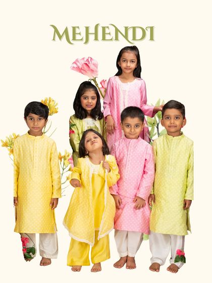 Ready for the Mehendi. This graphic shows a group of kids in coordinated yellow and pink outfits, perfectly suited for a vibrant and fun Mehendi ceremony. It showcases a variety of styles for both boys and girls.