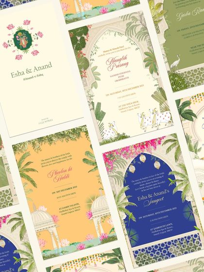 A dynamic layout of the festive invitation suite. The rich colors, intricate patterns, and traditional motifs like the jharokha arch create a stunning visual tapestry that tells the story of the wedding.