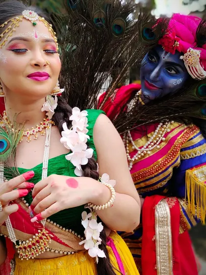 A full character transformation into Radha and Krishna for a Janmashtami themed shoot. This involved detailed makeup and body painting on two models to bring the divine couple to life, showcasing my versatility in character creation.