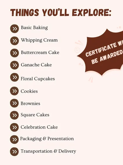 My 15-day masterclass is an intensive program covering everything from whipping cream and ganache to packaging and safe delivery of your cakes. You'll leave with a certificate and the confidence to take orders.