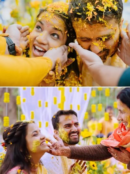 Two frames capturing the playful and messy fun of a Haldi, with the couple and their family smearing turmeric on each other with big smiles.
