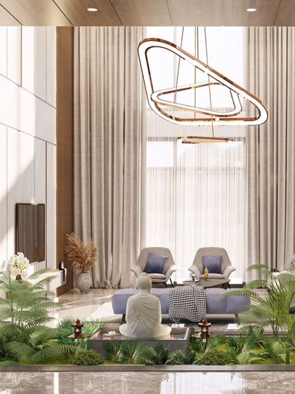 A render of a grand, double-height living room for a 10,000 sq. ft. villa in North Bangalore. The design features a zen landscaped courtyard with a Buddha sculpture as an inviting entrance to the main living space.