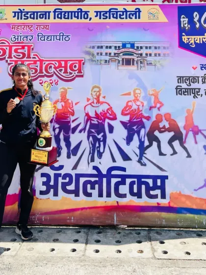 Saroj Shetty posing with her medal and trophy at the Maharashtra State Inter University Athletics Championship. She was instrumental in the 4x100m relay gold medal win.
