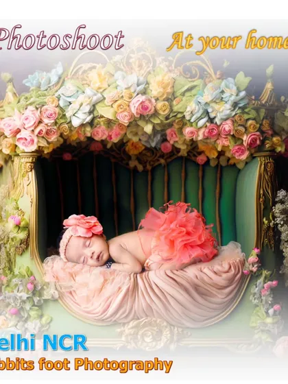A promotional image for my at-home photoshoot service in Delhi NCR, featuring a baby in a floral fairytale setup.