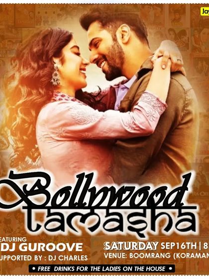 A poster for 'Bollywood Tamasha' at Boomrang, promising a night of fun and free drinks for ladies.