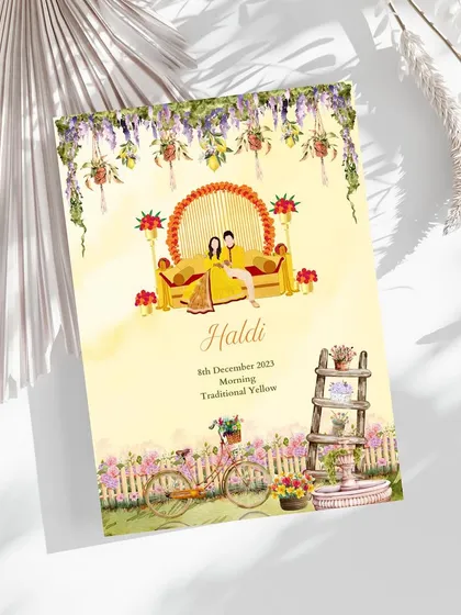 This vibrant yellow card is from a wardrobe planner, detailing the Haldi ceremony. The illustration shows the couple during the ritual, surrounded by marigolds and festive decor, all within a charming watercolor garden theme.