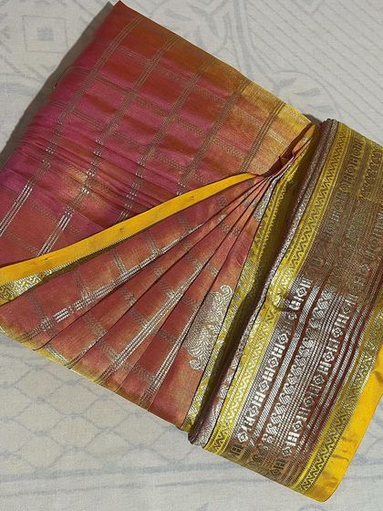 The unique texture and pattern of this saree are preserved with careful pleating. It's now ready to be worn, showcasing its beautiful design.
