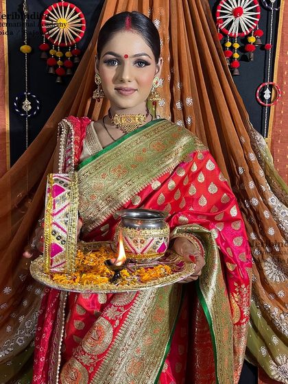 A beautiful Karwa Chauth look, complete with a decorated puja thali. We teach you how to create special looks for every Indian festival.