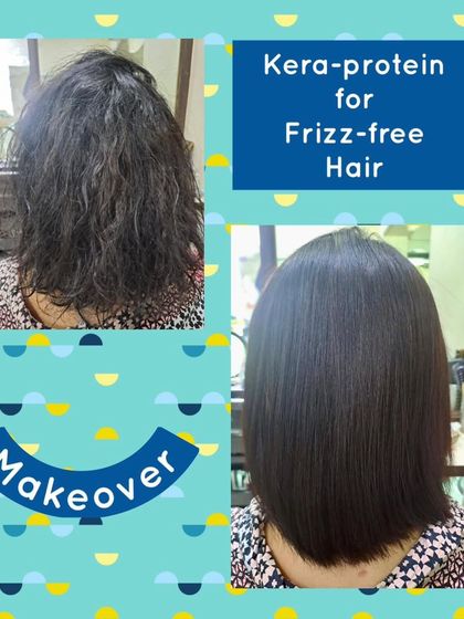 This client's frizzy hair was smoothed and styled with a Kera-Protein treatment. The 'after' photo shows a sleek, healthy bob that is now much easier for her to manage.