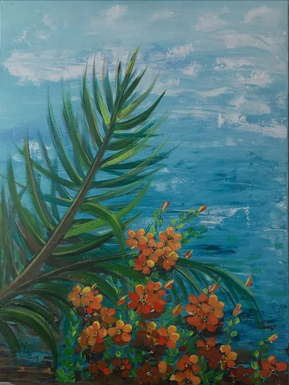 A tropical scene with palm leaves and bright orange flowers against the sea. This painting is all about capturing the feeling of a warm, breezy day by the coast.